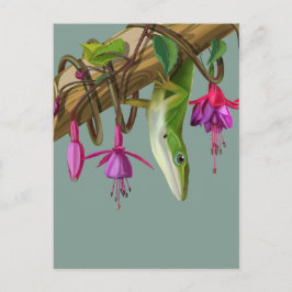 Groene anolis met Fuchsia's  Briefkaart