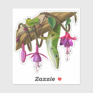 Groene anolis met Fuchsia's Sticker