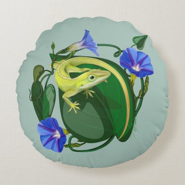 Groene anolis met ochtendglorie  rond kussen (Voorkant)