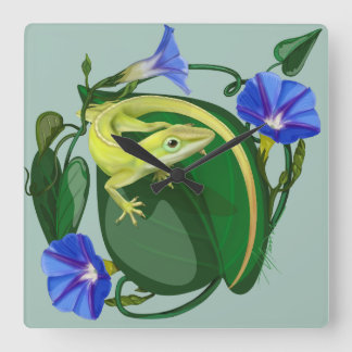 Groene anolis met ochtendglorie vierkante klok