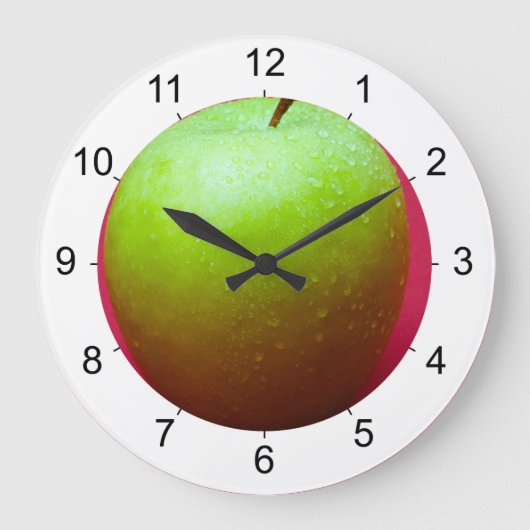Groene appel op rode achtergrond grote klok (Voorkant)