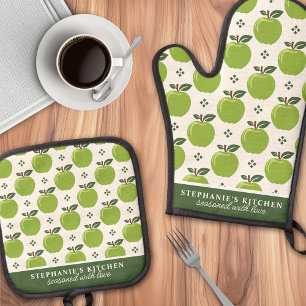 Groene Appel Patroon Gepersonaliseerde Naam Ovenwant & Pannenlap Set