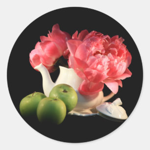 Groene appels en pony's in een theepot ronde sticker