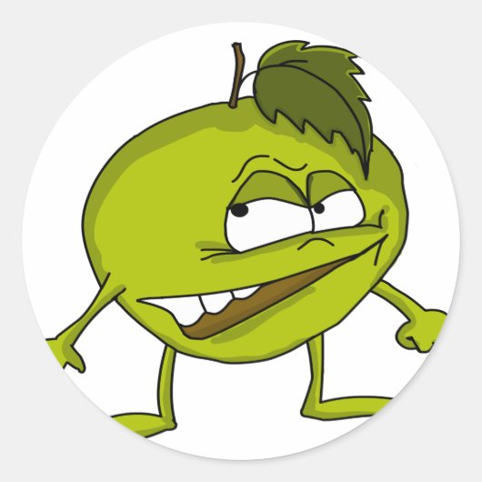 Groene appeltekenfilm met een boosaardige glimlach ronde sticker (Voorkant)