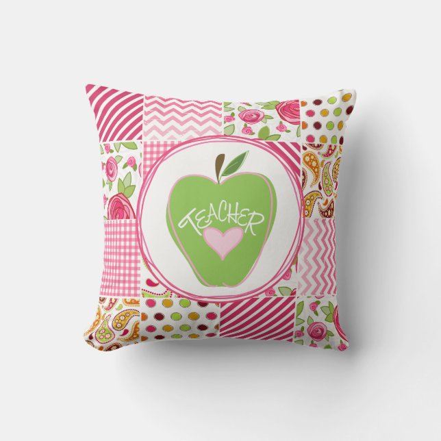 Groene Apple & Patchwork Inpsired Teacher Pillow Kussen (Voorkant)