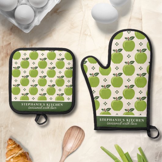 Groene Apple Patroon Gepersonaliseerde Naam Ovenwant & Pannenlap Set