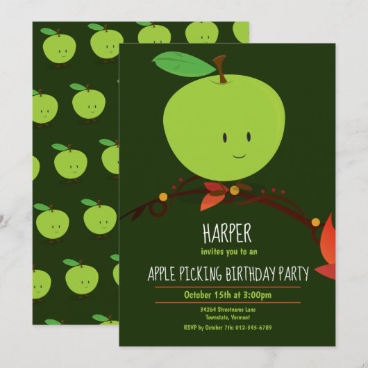 Groene Apple Pick Birthday Party van kind Kaart (Voorkant / Achterkant)