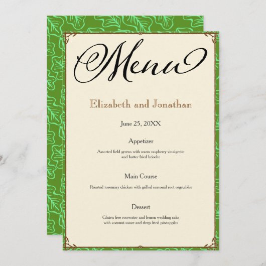 Groene Aqua Bruin Land Bruiloft Receptie Menu Kaart (Voorkant / Achterkant)