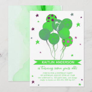Groene Aquarel Ballonnen Meisje 7e Verjaardagsfees Kaart