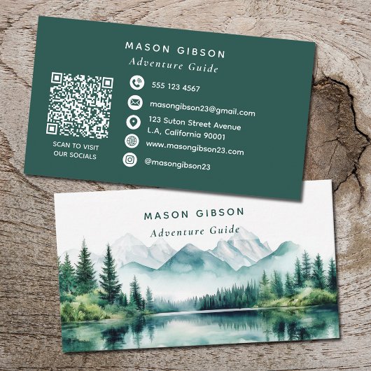 Groene Aquarel Berg Avontuur Gids Qr Code Visitekaartje