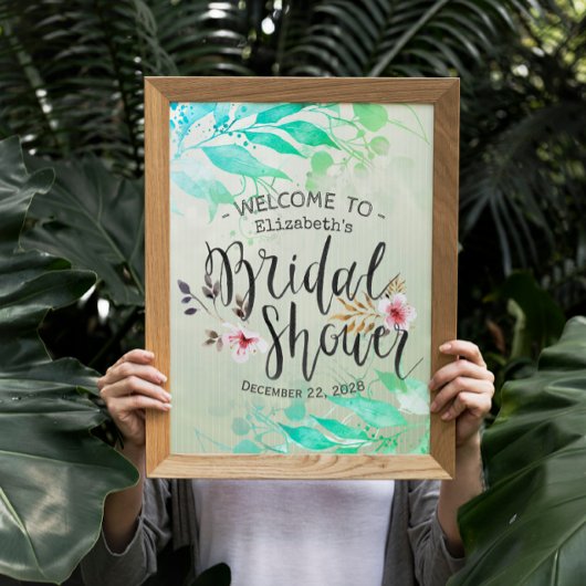 Groene Aquarel Bladeren Chic Bruidsfeest Verwelkom Poster