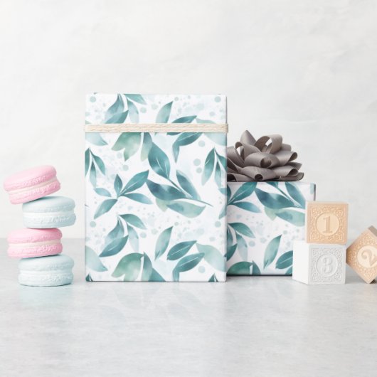 Groene aquarel bladeren op wit cadeaupapier (Baby Shower)