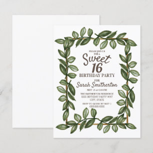 Groene Aquarel Bladeren Witte Gouden Sweet 16 Kaart