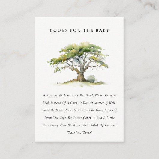 Groene Aquarel Eikenboom Boeken Voor Babyfeestje Informatiekaartje (Voorkant)