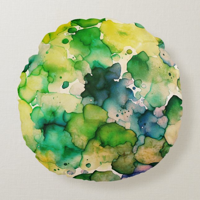 Groene Aquarel Fusie  Rond Kussen (Voorkant)