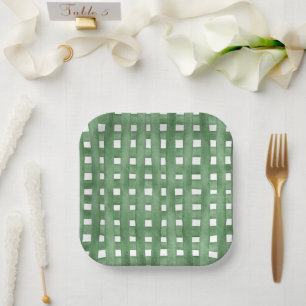 Groene Aquarel Gingham Baby Shower Papieren Borden Bordje