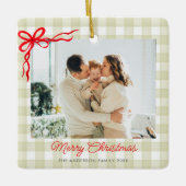 Groene Aquarel Gingham Kerst Foto Keramisch Ornament (Voorkant)