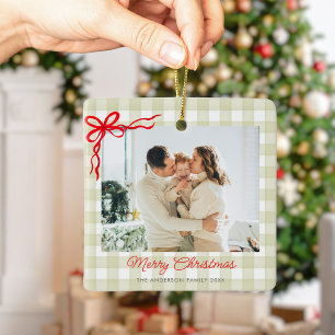 Groene Aquarel Gingham Kerst Foto Keramisch Ornament