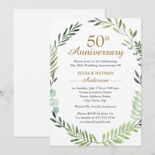 Groene Aquarel Krans 50ste Huwelijksjubileum Kaart (Voorkant / Achterkant)