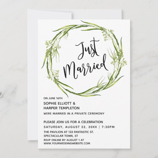 Groene Aquarel Krans Net Getrouwd Typografie Kaart (Voorkant)