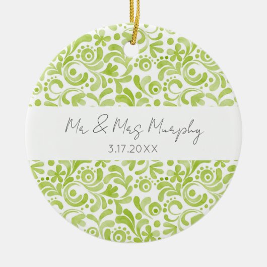 Groene Aquarel Kunst Trouw NAME DATUM Aandenken Keramisch Ornament (Voorkant)