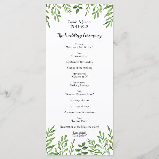 Groene Aquarel Moderne Botanische Trouw Rackcard Programmakaart (Achterkant)