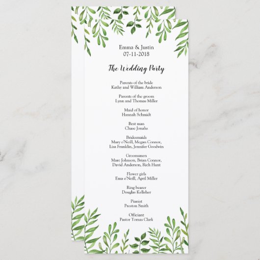 Groene Aquarel Moderne Botanische Trouw Rackcard Programmakaart (Voorkant / Achterkant)