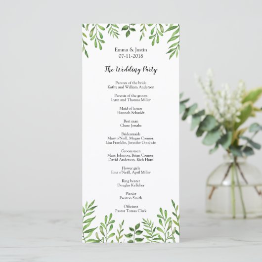 Groene Aquarel Moderne Botanische Trouw Rackcard Programmakaart (Staand voorkant)