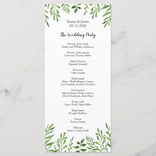 Groene Aquarel Moderne Botanische Trouwkaart Programmakaart (Voorkant)