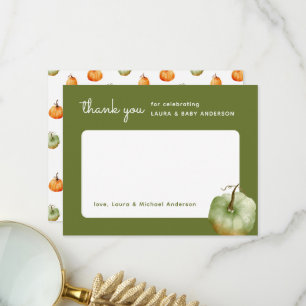 Groene Aquarel Pompoen Herfst Baby Shower Bedankkaart
