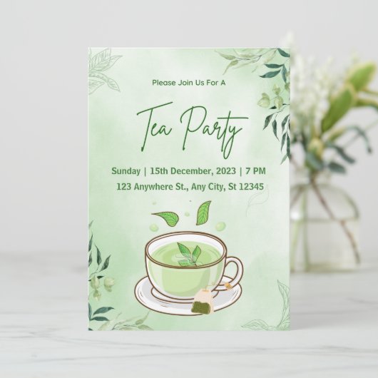 Groene Aquarel Thee Feest Uitnodiging (Staand voorkant)