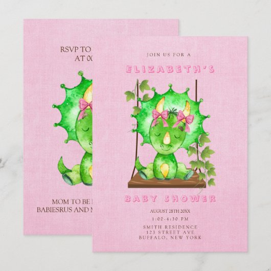 Groene Aquarel Triceratops Meisje Baby Shower Kaart (Voorkant / Achterkant)