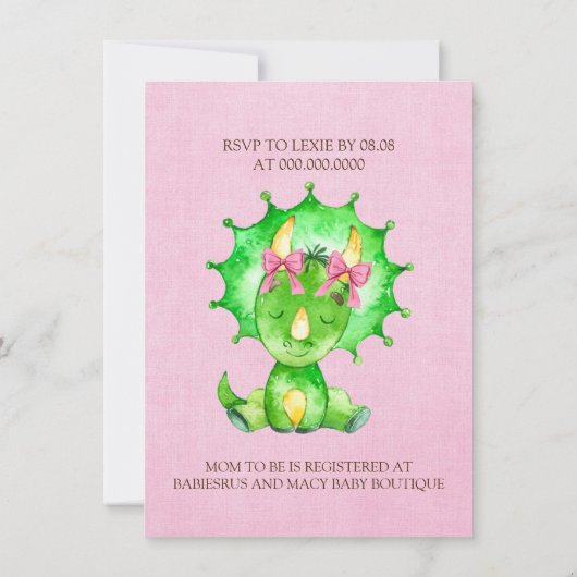 Groene Aquarel Triceratops Meisje Baby Shower Kaart (Achterkant)