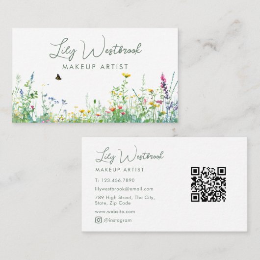 Groene Aquarel Wilde Bloem Bloemendrank Script QR- Visitekaartje (Voorkant / Achterkant)