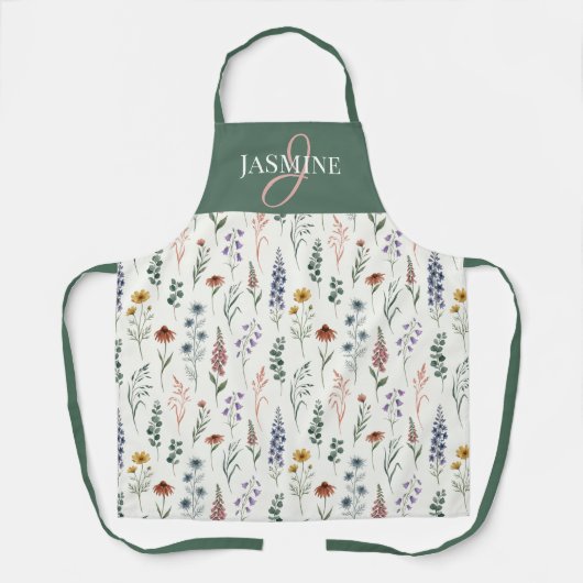 Groene Aquarel Wilde Bloem Boho Initiaal Naam Schort (Voorkant)