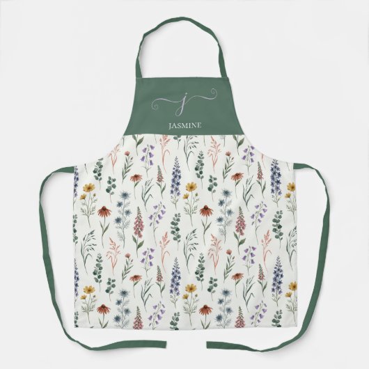 Groene Aquarel Wilde Bloem Boho Initiaal Naam Schort (Voorkant)