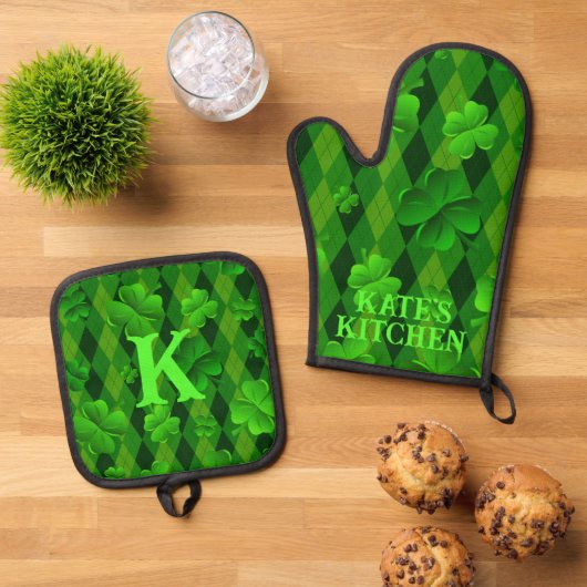 Groene Argyle Klaver Iers gepersonaliseerd Ovenwant & Pannenlap Set (Top down)