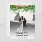 Groene arrangement en foto lente bruiloft bedankkaart (Voorkant)