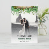 Groene arrangement en foto lente bruiloft bedankkaart (Staand voorkant)