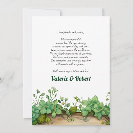 Groene arrangement en foto lente bruiloft bedankkaart (Achterkant)