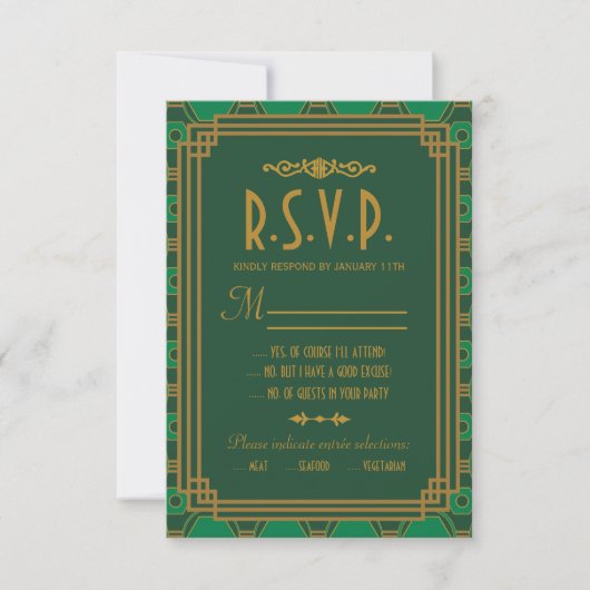 Groene Art Deco Bruiloft RSVP Kaarten (Voorkant)