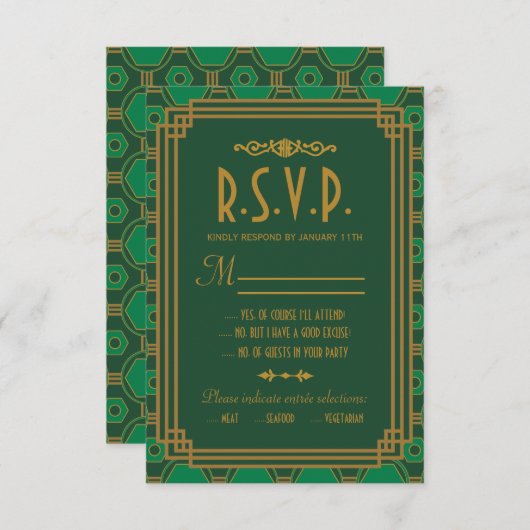 Groene Art Deco Bruiloft RSVP Kaarten (Voorkant / Achterkant)