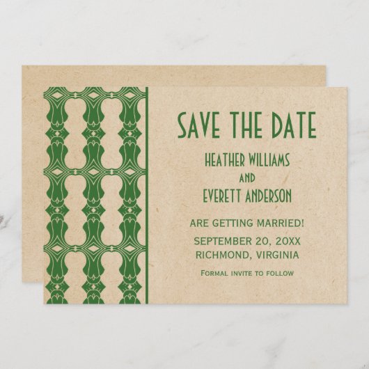 Groene Art Deco rand Save the Date uitnodiging (Voorkant / Achterkant)