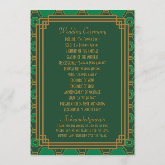 Groene Art Deco Trouwprogramma's Programmakaart (Achterkant)