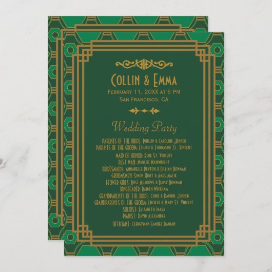 Groene Art Deco Trouwprogramma's Programmakaart (Voorkant / Achterkant)