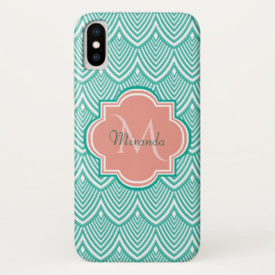 Groene Art Deco Vissen Schubben Roze Monogram Naam iPhone X Hoesje
