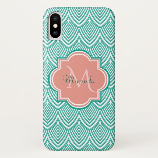 Groene Art Deco Vissen Schubben Roze Monogram Naam Case-Mate iPhone Case (Achterkant)