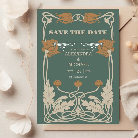 Groene Art Nouveau bruiloft Save The Date