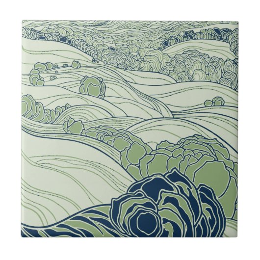 Groene Art Nouveau Rolling Hills Country Fields Tegeltje (Voorkant)