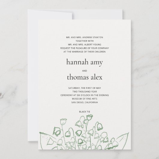 Groene Art Schets Lily Valley Moderne Formele Brui Kaart (Voorkant)